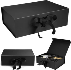 black skincare packaging boxes with ribbon closure